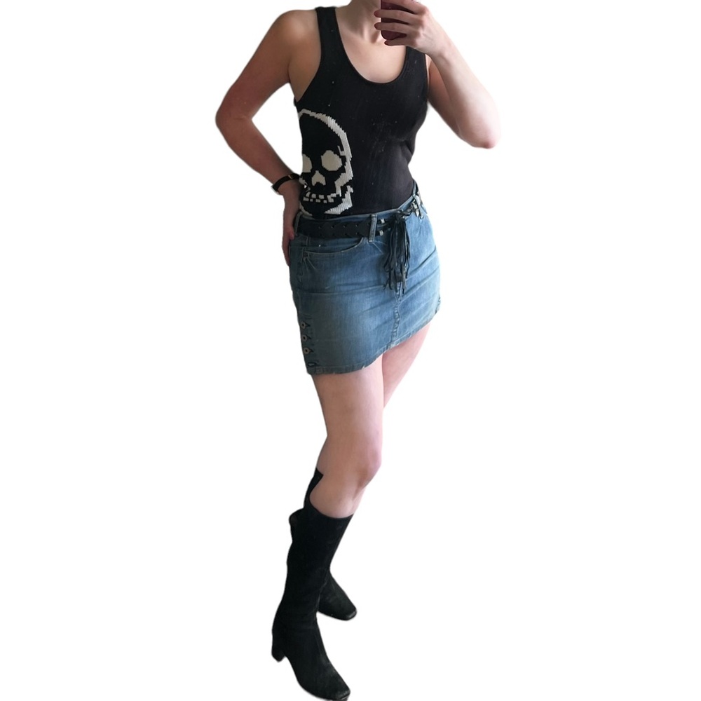 Late Y2K Skull Cashmere 100% Cotton Skull Print Black Knit Scoop Neck Tank - Picture 4 of 11
